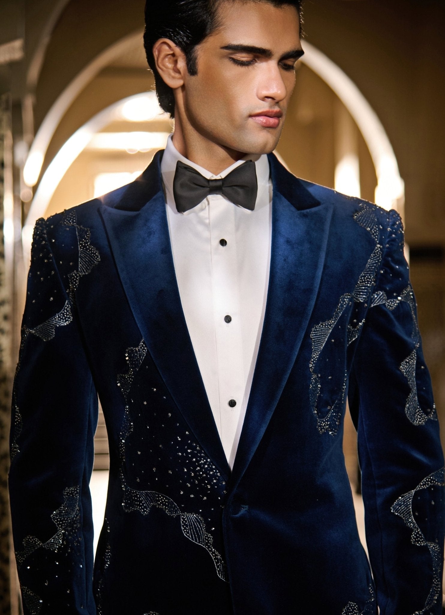 Indowestern outfits for men — midnight blue crystal velvet tuxedo set by Contrast by Parth for a wedding guest