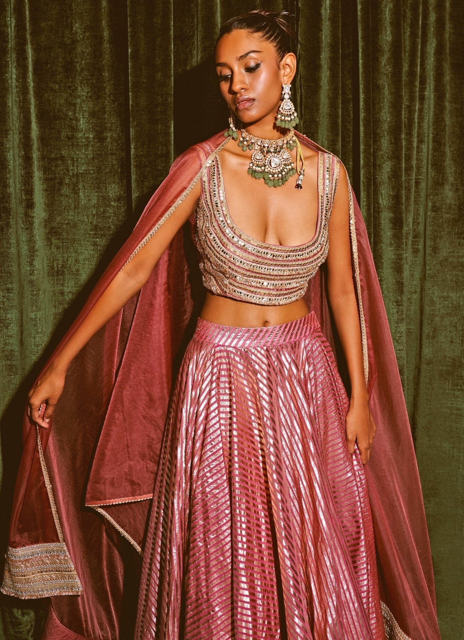 Lehengas for London wedding receptions — rose pink chanderi georgette lehenga set with cape by Rishi and Vibhuti